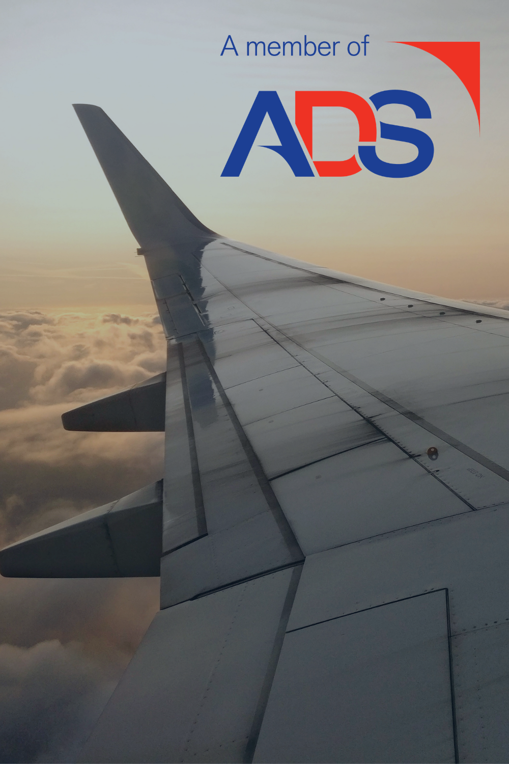 Aircraft wing detail representing aerospace materials with &ldquo;A member of ADS&rdquo; logo