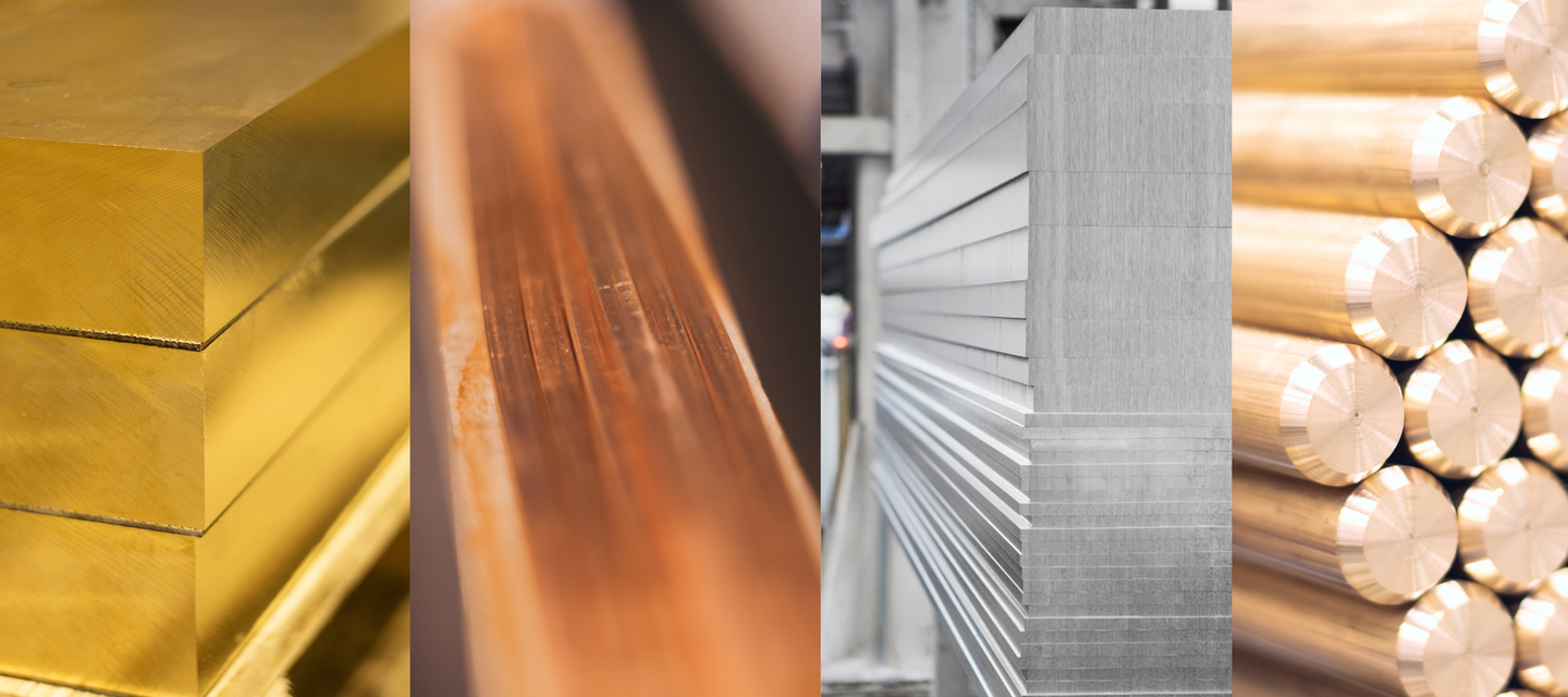 Images of copper, brass, bronze and aluminium side by side