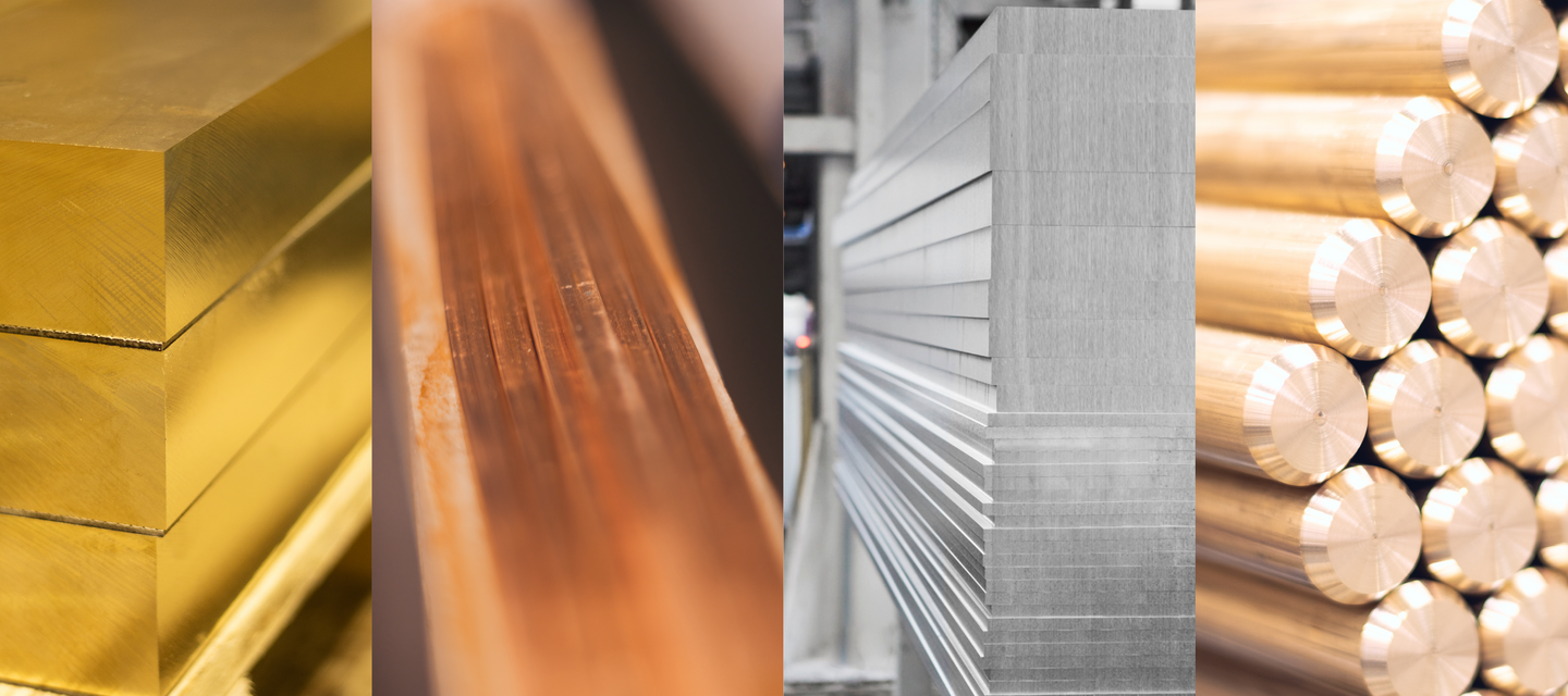 aluminium, kobber, messing, rødgods og bronze
