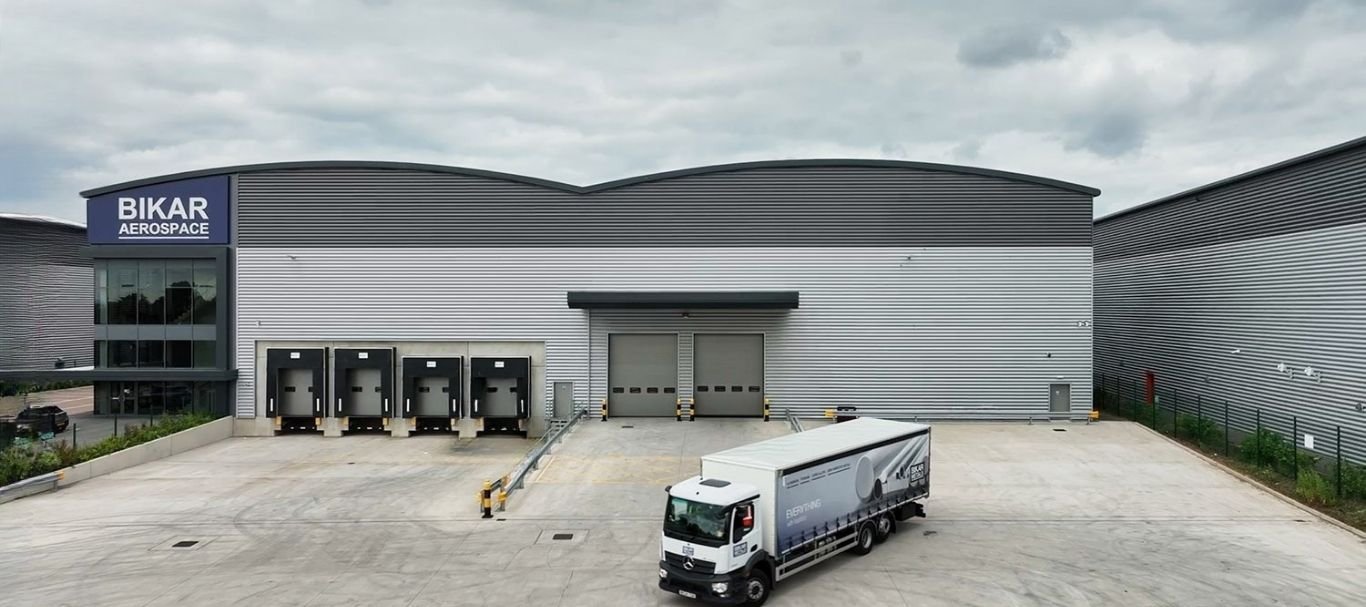 Aerial view of BIKAR AEROSPACE METALS UK production facility and warehouse with truck ready for delivery